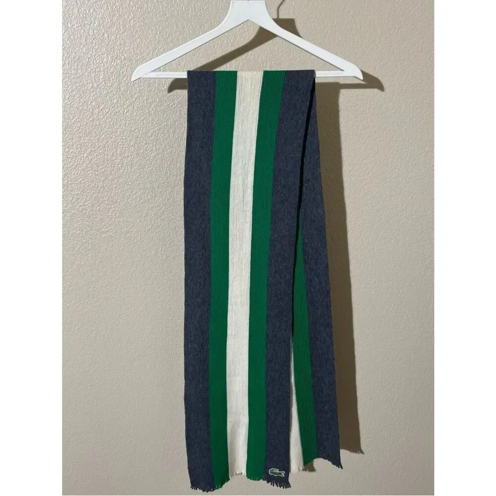 Lacoste Green White and Navy Striped Knit Scarf